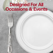 Fancy silver Baroque plastic dinner forks with intricate detailing, ideal for upscale table settings