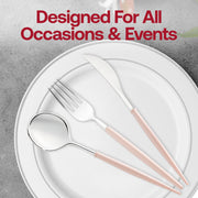 Fancy silver plastic cutlery set with chic pink handles, 8", featuring a sleek modern design ideal for upscale parties and celebrations