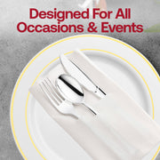 Fancy silver plastic cutlery wrapped in a white pocket napkin, adding a sophisticated touch to any event, set for 70 guests.