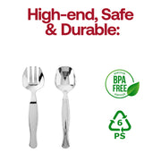 Fancy silver plastic serving flatware set, disposable and modern, perfect for upscale parties and fine dining