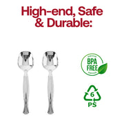 Fancy silver plastic serving spoons with a sleek design, ideal for upscale events