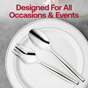 Fancy silver plastic serving spoons with a sleek design, ideal for upscale events