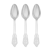 Fancy silver plastic spoons, baroque style, 7.3 inches, bulk 600-pack – Luxurious spoons with ornate handles, perfect for upscale events and catering.
