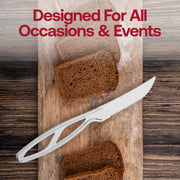 Fancy silver plastic steak knives with a sleek, metallic finish, 8.5", perfect for upscale dining, weddings, and elegant gatherings