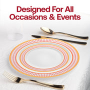 Fancy white dinner plate featuring a decorative red and gold chord rim, 10.25 inches in diameter, sold as a 120-pack