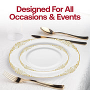 Fancy white dinner plates featuring an intricate gold design, crafted from disposable plastic, 10.25-inch size, pack of 120