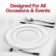 Fancy white dinner plates featuring an intricate silver design, crafted from disposable plastic, 10.25-inch size, pack of 120
