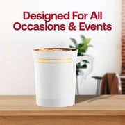 Fancy white plastic coffee mugs with an elegant gold edge rim, 8 oz capacity, ideal for upscale dining and events
