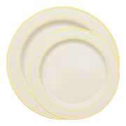 Fancy white plastic dinnerware set with a stylish silver edge, perfect for upscale gatherings and formal dinners.