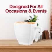 Fancy white square plastic coffee mugs with a sleek modern design, 8 oz. capacity, perfect for upscale events, parties, and catering