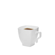 Fancy white square plastic mini cups with a modern design, 2 oz. capacity, ideal for serving gourmet espresso or tea at upscale events