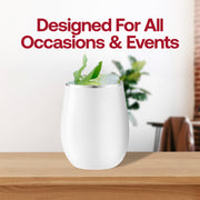 Fancy white stemless plastic wine glasses with silver trim, 12 oz, adding sophistication to upscale celebrations and dinners