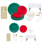 Feliz Navidad Set arranged with red, green, and white tableware for a joyful holiday meal.