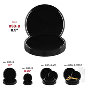 Flat round black plastic plates, 8.5 inches in diameter, disposable and suitable for appetizers or salads