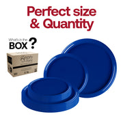 Flat round blue dinner plate measuring 10 inches in diameter, ideal for main course servings at any event