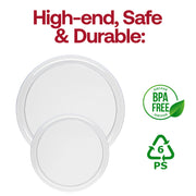 Flat round clear plastic plates, 8.5 inches in diameter, disposable and lightweight, BPA-free
