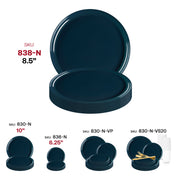 Flat round navy plastic plates, 8.5-inch diameter, disposable and lightweight, great for parties or gatherings