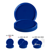 Flat round solid blue plates, 8.5 inches in size, made of lightweight disposable plastic