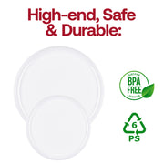 Flat round white plastic plates, 8.5-inch diameter, lightweight and disposable, BPA-free