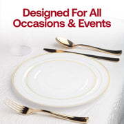 Flatware and tumblers complete the gold-accented wedding plate set styled for outdoor reception