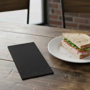 Folded black velvet dinner napkin in luxe paper, measuring 16 x 16 inches when opened, sold as a 600-piece set