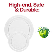 Food-safe 9-inch round buffet plates in clear plastic with a stylish floral design, lightweight and disposable, BPA-ree