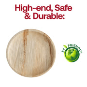 Food-safe round buffet plates crafted from natural palm leaf, 9-inch diameter, BPA-free