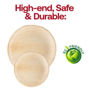Food-safe round palm leaf disposable plates, 10-inch size, durable