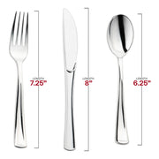 Forks (7.25”), knives (8”), and spoons (6.25”) in a silver plastic cutlery set with white napkins