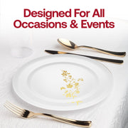 Formal buffet line styled with gold floral plastic plates and cutlery for fast service and upscale finish
