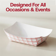 Friends sharing a massive meal from a jumbo 5 lb red plaid paper food tray, extra-large checkered disposable boat for social gatherings and festivals.
