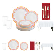 Friendsgiving Forever Set with red and gold chord-rimmed plates and gold utensils on a festive table.