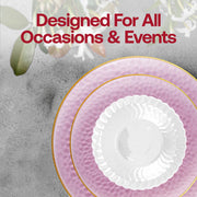 Full Clear Pink Hammered Glass Tableware Set shown with labeled sizes, showcasing event-ready plate presentation.