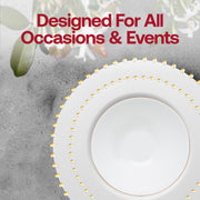 Full White with Gold Pearl String Tableware Set shown with components unpacked for an elegant event setup.