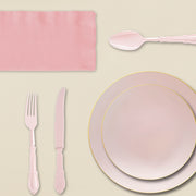 Full baby shower tableware bundle with pink and gold plates, ivory 54" x 108" tablecloths, 12 oz. clear cups, and pink napkins.