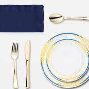 Full dinnerware for 10: includes navy napkins, tablecloths, and coordinated dinnerware.