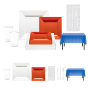 Game day fan dinnerware in orange and navy set up with white plates and table accessories.