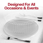 Generous 14" black catering tray with raised rim and clear cover helps prevent spills on grazing tables and snack spreads