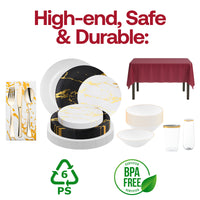 Glamorous black, gold, and burgundy theme for unforgettable dining experiences.