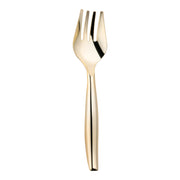 A stylish **Gold Disposable Plastic Serving Fork**, displayed against a pristine white background, showcases a sleek, reflective surface and a contemporary design with four evenly spaced prongs.