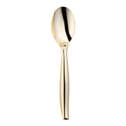 A shiny, gold-colored serving spoon with a smooth and reflective surface, the Gold Disposable Plastic Serving Spoon features a sleek, modern design with a slightly tapered handle, making it ideal for anyone seeking fancy disposable utensils.