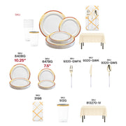 Gold-handle Moderno cutlery and elegant rimmed plates from the Grateful Hearts Package displayed on table.