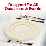 Gold-rimmed ivory plastic dinner plates, 120-pack perfect for serving meals aonspecial occasions