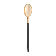 Product Description: Introducing the Gold with Black Handle Moderno Disposable Plastic Dinner Spoons—a sleek piece of elegant flatware featuring a gold-colored bowl and a black handle, perfectly centered against a white background. These spoons boast a modern, minimalist design.