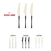 Gold Moderno disposable plastic dinner knives featuring black handles, convenient for parties and events.