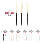 Gold Moderno disposable plastic dinner knives featuring black handles, convenient for parties and events