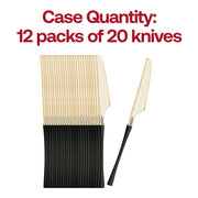 Gold Moderno disposable plastic dinner knives with black handles, bulk quantity of 240 for large events.