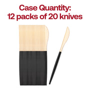 Gold Moderno disposable plastic dinner knives with black handles, bulk quantity of 240 for large events