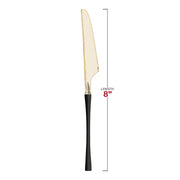 Gold Moderno disposable plastic dinner knives with black handles measuring 8.8 inches in length.