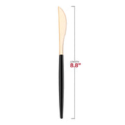 Gold Moderno disposable plastic dinner knives with black handles measuring 8.8 inches in length
